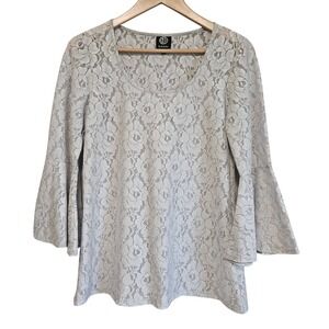 bobeau Light Gray Lace Bell Sleeve Blouse
